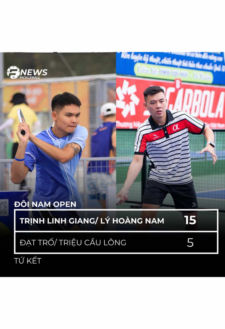 Trịnh Linh Giang / Lý Hoàng Nam đã giành chiến thắng thuyết phục với tỷ số 15-5 trước Đạt Trố / Triệu Cầu Lông trong trận tứ kết nội dung đôi nam giải Doanh nhân trẻ Toàn Quốc.  Trận đấu diễn ra với thế trận áp đảo từ phía Giang – Nam, khi họ tận dụng tốt khả năng phối hợp và kiểm soát nhịp độ. Dù rất nỗ lực, Đạt Trố / Triệu chưa thể tạo ra bất ngờ trước một đối thủ chơi chắc chắn và hiệu quả hơn. #fnews #pickleball #doanhnhantre