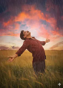 1.Open Google Gemini 2.Add A Photo 3 copy paste this prompt 👇 Prompt: A cinematic, emotional scene of a man standing in a golden wheat field during rainfall at sunset. He is wearing a maroon shirt and dark pants, arms stretched wide open, leaning back with his face turned upward, eyes closed, and a joyful, liberating expression as he embraces the rain. The sky is filled with dramatic clouds painted in fiery shades of orange, pink, and purple, blending into the fading blue. The falling raindrops glisten against the warm glow of the sunset, creating a dreamy, almost surreal atmosphere. The tall grass sways gently around him, while the entire composition conveys freedom, peace, and the beauty of nature’s embrace. Ultra-realistic, high-resolution, cinematic lighting, soft focus on background, highly detailed raindrops.  