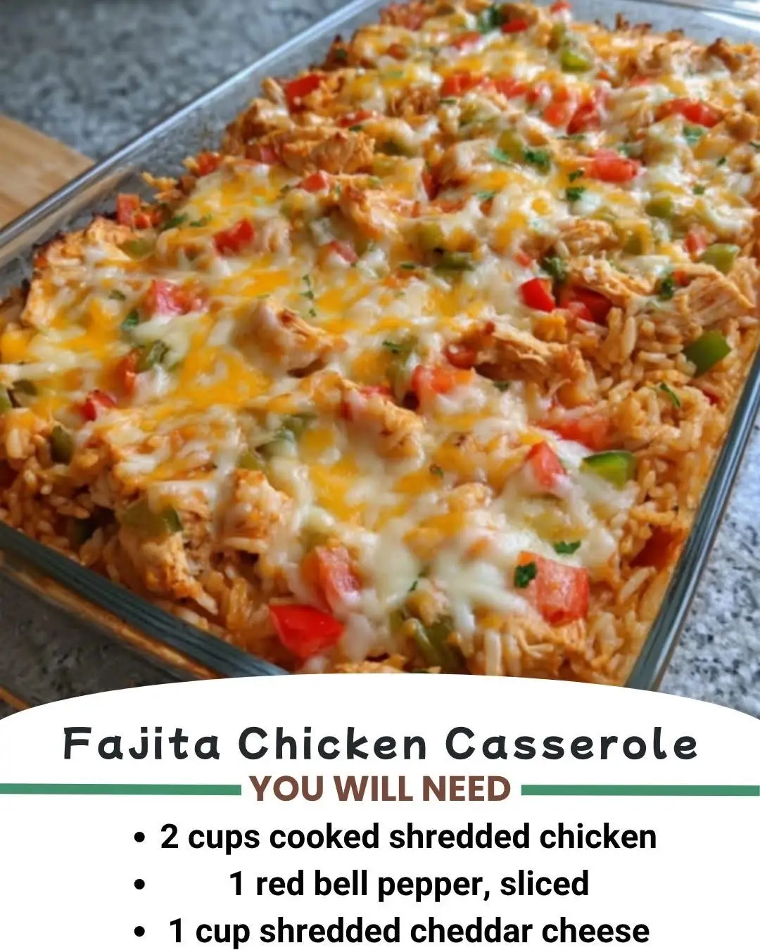 #creatorsearchinsights All the sizzling flavors of fajitas baked into one cheesy, comforting casserole – low-carb, high-protein, and weeknight ready! Ingredients: 1 ½ lbs (680g) boneless, skinless chicken breasts, cut into strips 2 bell peppers (red & green), sliced 1 medium onion, sliced 2 cloves garlic, minced 1 tablespoon olive oil 1 teaspoon chili powder 1 teaspoon cumin ½ teaspoon smoked paprika ½ teaspoon salt ½ teaspoon black pepper 1 cup shredded cheddar (or Mexican blend cheese) ½ cup sour cream ½ cup cream cheese, softened Optional: fresh cilantro + lime wedges for garnish Instructions: Step 1: Preheat & Sauté Preheat oven to 375°F (190°C). In a skillet, heat olive oil and sauté chicken strips until lightly browned (not fully cooked). Remove. Sauté peppers, onion, and garlic until just tender. Step 2: Mix Creamy Base In a bowl, stir together sour cream, cream cheese, chili powder, cumin, paprika, salt, and pepper. Step 3: Assemble Casserole In a greased baking dish, layer chicken and sautéed veggies. Spread creamy mixture over the top. Sprinkle with shredded cheese. Step 4: Bake Bake uncovered 20–25 minutes, until bubbly and chicken is fully cooked. Step 5: Serve Top with cilantro and a squeeze of lime. Pair with cauliflower rice or a green salad! #FajitaChick#FajitaChickenCasserole #LowCarbDinner #mexican #keto #KetoRecipes #fyp 