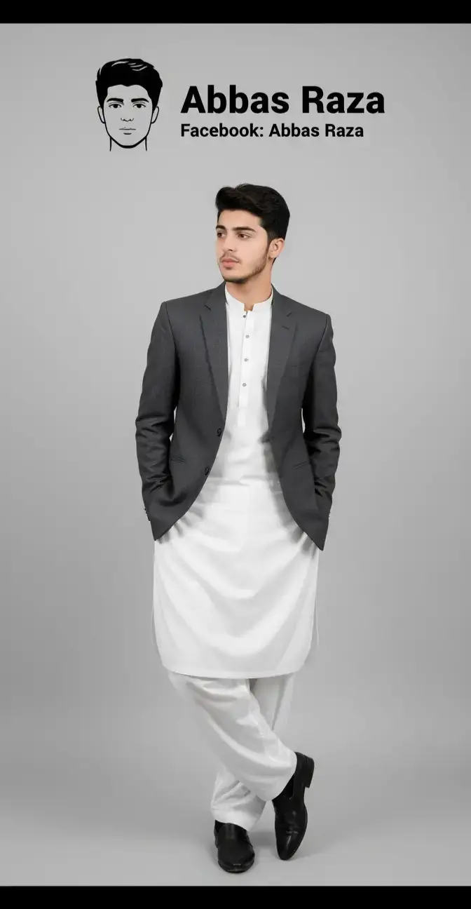 Open Google Gemini Prompt: A stylish portrait of a man standing casually against a plain light grey background. He is wearing a traditional white shalwar kameez with a grey formal blazer on top, paired with black formal shoes. The man has his hands in his pockets, one leg crossed over the other, and is looking slightly to the side. Above him on the wall, there is a bold black-and-white vector illustration of his face along with his name written in bold text: NAME. Below the name, add social media style is clean, modern, and professional, with a minimal studio look. handles: Facebook: @(name). The overall #foryoupage #googlegemini #aiart #trending #foryou