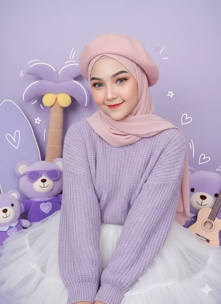 @bunda.ishqia  ini yaa promptnya 9:16 vertical poster, cute plushie aesthetic background with adorable smiling plush dolls (palm tree plush, teddy bear in sun rays plush, surfboard plush, guitar plush), all designed in a harmonious single blue pastel tone palette with soft lighter/darker shades). In the center, a realistic hijabi young woman sitting among them, wearing pastel hijab, oversized knit sweater, and wide-leg pants, smiling warmly. Playful doodle accents around the scene such as sketchy hearts, stars, and curved lines. Text overlay in cute handwritten doodle-style font: 