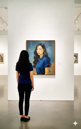 CÁCH TẠO ẢNH NHƯ NÀY Bước 1: Đăng nhập vào Gemini Bước 2: Chọn một bức ảnh rõ mặt Bước 3: Dán kèm câu lệnh và chờ kết quả là có ảnh rồi nè. Use the uploaded reference image as the subject. Preserve the person’s face and appearance exactly. Create a hyper-realistic scene in a modern art gallery where the same person from the reference image is standing with their back to the camera, looking at a large painted portrait of themselves on the wall. The portrait must depict the identical face and upper body of the person in an expressive oil painting style, with textured brush strokes and muted tones. The gallery wall is clean white with a soft spotlight highlighting the artwork, creating a professional exhibition atmosphere. #trendtiktok #gemini #ai #aiart #baotang 