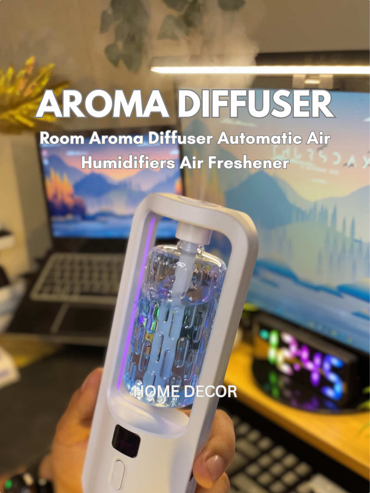Room Aroma Diffuser Automatic Air Humidifiers Air Freshener Aromatherapy machine Essential oil Digital display color light Rechargeable Fragrance oil Diffuser Machine Wall-mounted/desktop Home decoration #aromatherapy #aromadiffuser #homedecor #homedecorideas #airfreshener 