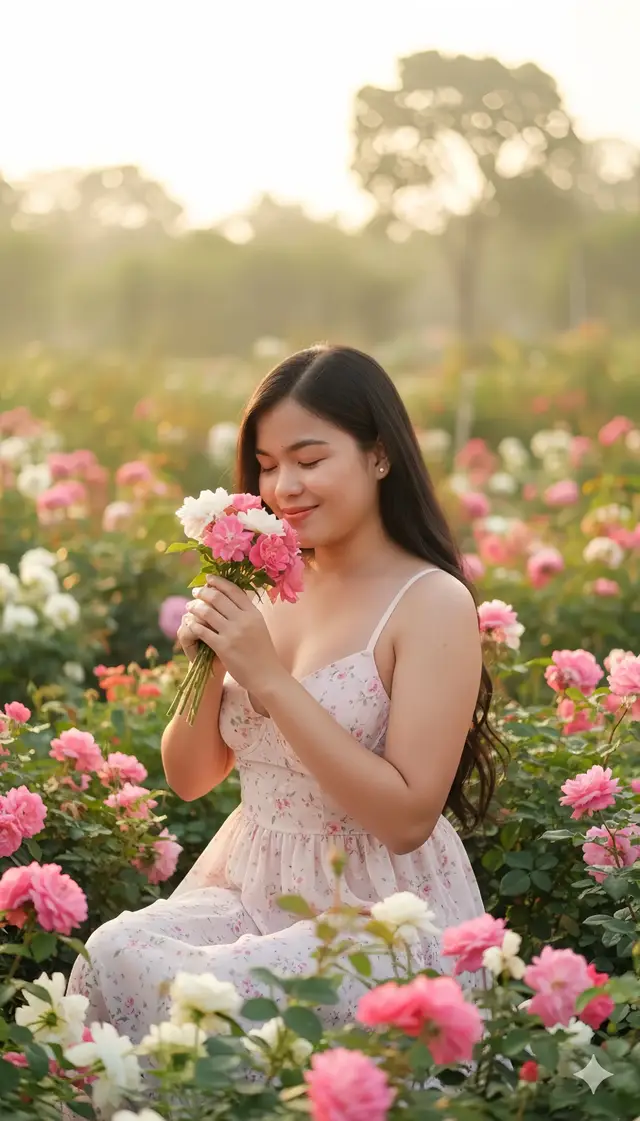 Make a picture of the woman in the image. Wearing a light pink bra dress, sitting in a garden of pink and white mixed flowers, in the atmosphere of the soft morning sun. The woman in the picture is holding flowers in her hand, bending down to smell the flowers a little, and she has a beautiful smile. Make the photo ultra HD. Copy my face. Make my skin bright and flawless. My wavy hair flowing in my back. Realistic enchantments effect. #flowerfields #viral #gemini #geminiai #aiprompt 
