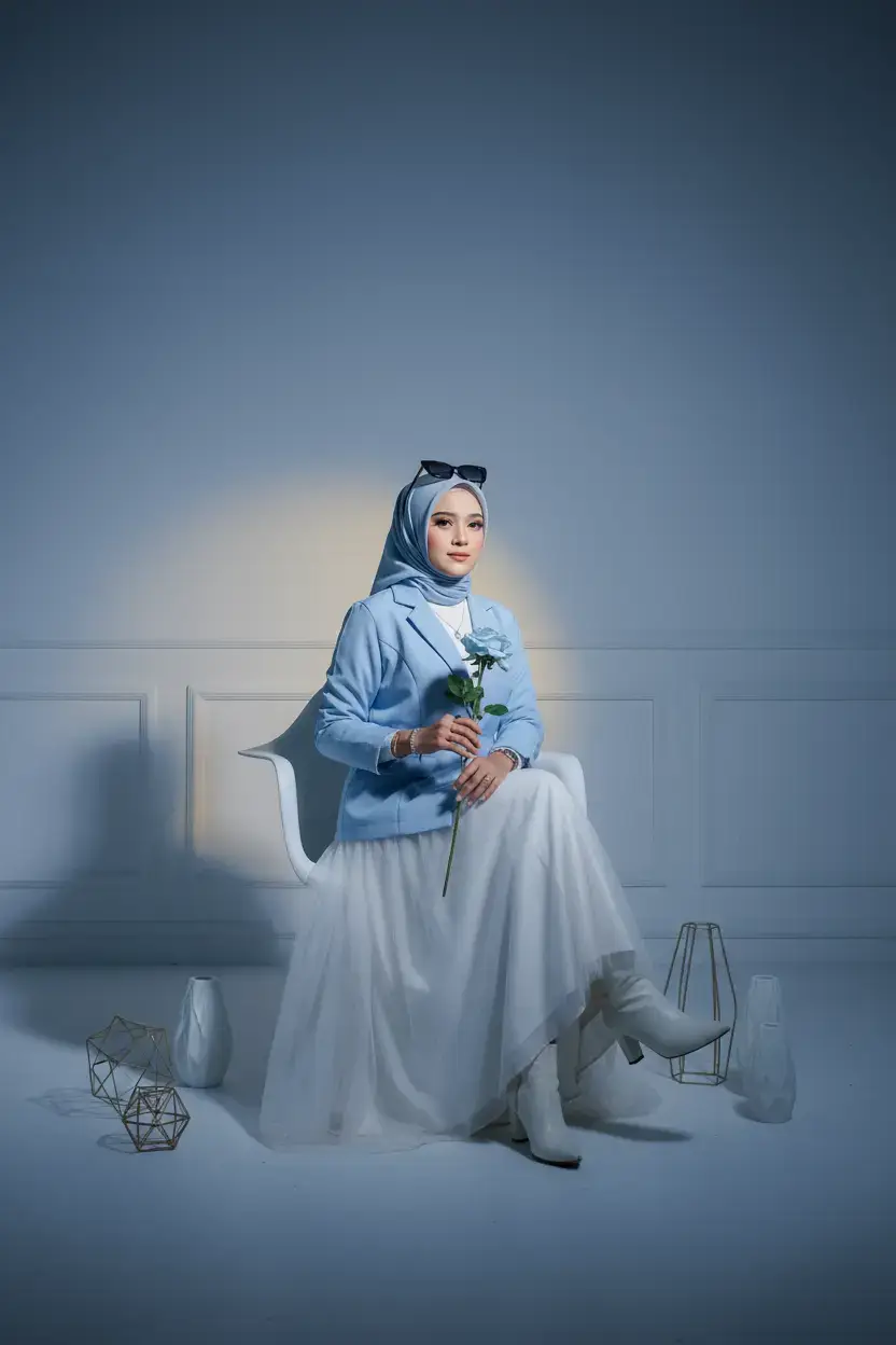 prompt gemini ai  jadikan foto di studio. tanpa mengubah wajah. buat sedetail dan semirip mungkin dengan yang ada di foto. menampilkan seorang wanita muda, cantik, dan independent yang sedang duduk santai, memakai atasan blazer elegan warna baby blue, rok tutu panjang warna putih, hijab pasmina warna baby blue, dan sepatu heghells putih dengan kesan yang elegan dan misterius. memakai kacamata hitam di atas jilbab pencahayaan lembut  dari jendela dan minim, menghasilkan bayangan tegas dan suasana moody. pose tubuh sedang duduk dikursi warna putih dengan satu tangan memegang setangkai bunga mawar biru muda, angel wajah kedepan layar polos biru muda estetik estetika sederhana dan modern. dan sedikit sentuhan lampu senja dibelakang. tangan memakai aksesoris simple elegan. tambahan aksesoris hiasan dilantai yang simple dan hiasan simple didekat latar dinding. #geminiai #promptai #fyp 