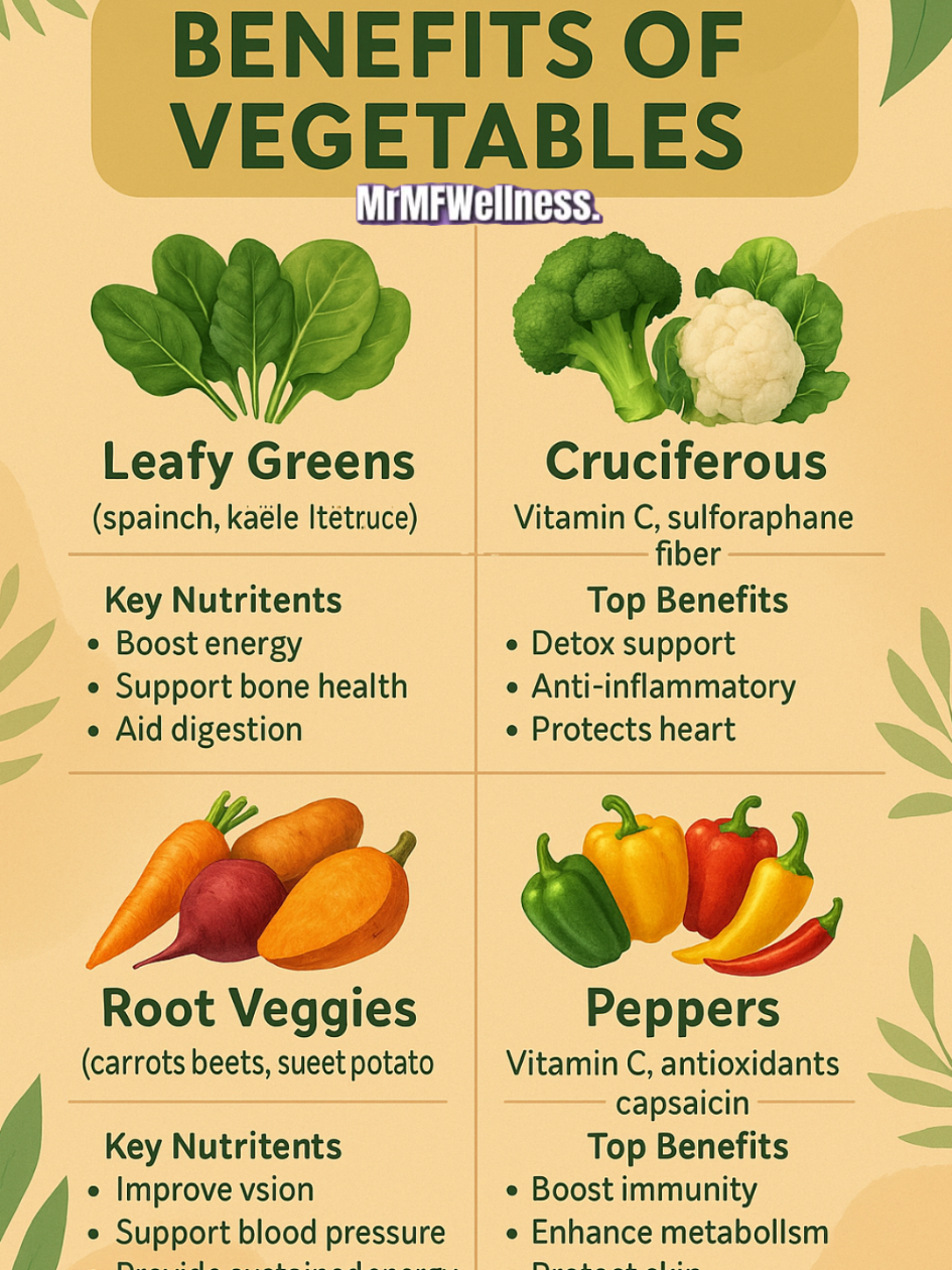 🥦🥕 Vegetables = the foundation of long-term health. From leafy greens to root veggies, each group provides unique nutrients that boost energy, strengthen immunity, and protect your heart. 🌿✨ ✅ Eat the rainbow. ✅ Fuel your body with natural vitamins. ✅ Invest in your future health — one plate at a time. 👉 If you found this helpful, like and share this post to spread the knowledge. 📌 Save it for your next grocery trip. 💬 Comment your favorite veggie below! #EatTheRainbow #HealthyLiving #nutritiontips #WellnessJourney #PlantBasedPower 