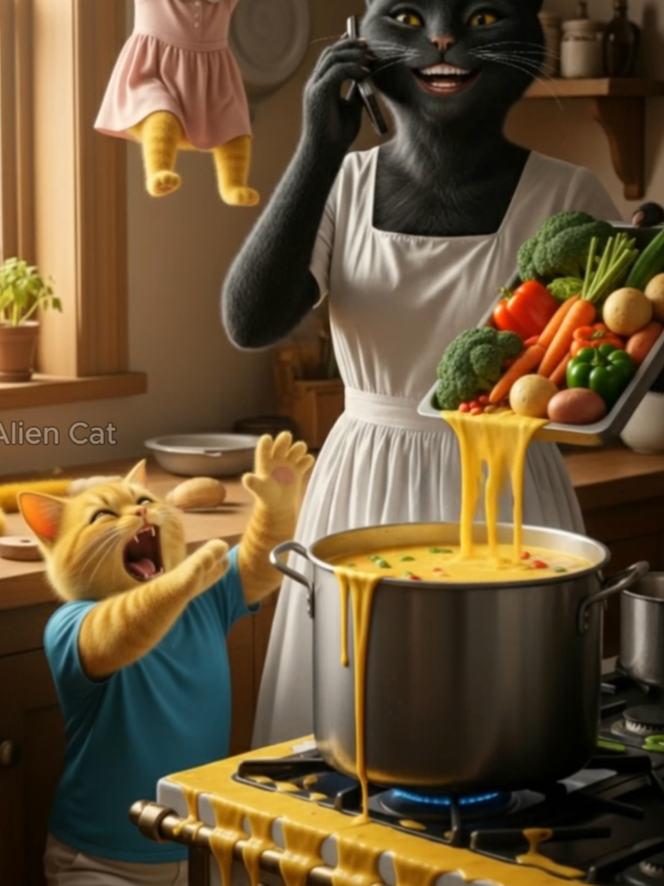 When mother cat talks on the phone while cooking #catstory #aicat #cooking #videoviral #fyp 