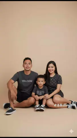 Hi! I use Google Gemini and here's the prompt: Create a realistic family portrait of 3 people i a professional beige studio background. Dont change their face place the parents sitting on side. The man and boy wearing a dark grey Volcom Brand T-shirt wearing a shirt. The women wearing dark grey with diamond brand print and black denim skirt with small gold necklace and the boys wearing a dark grey GAP Brand tshirt and black short. The women and the boy wearing black vans era shoes with lace and the men wear wear black/white Nike brand slip on shoes #GEMINIAI  #Familyofthree
