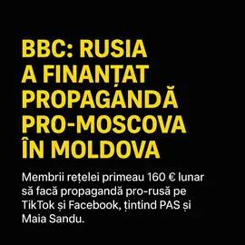 „BBC dezvăluie o campanie de influențare a alegerilor din Republica Moldova: 👉 Rețea cu legături la oligarhul Ilan Șor, fugit la Moscova; 👉 Membrii primeau 160 € lunar pentru propagandă pro-rusă; 👉 Țintele principale: partidul pro-european PAS și Maia Sandu; 👉 Platformele folosite: TikTok și Facebook. Un nou exemplu al războiului hibrid dus de Kremlin în regiune.” #Moldova #Rusia #Propaganda #MaiaSandu #fyp 