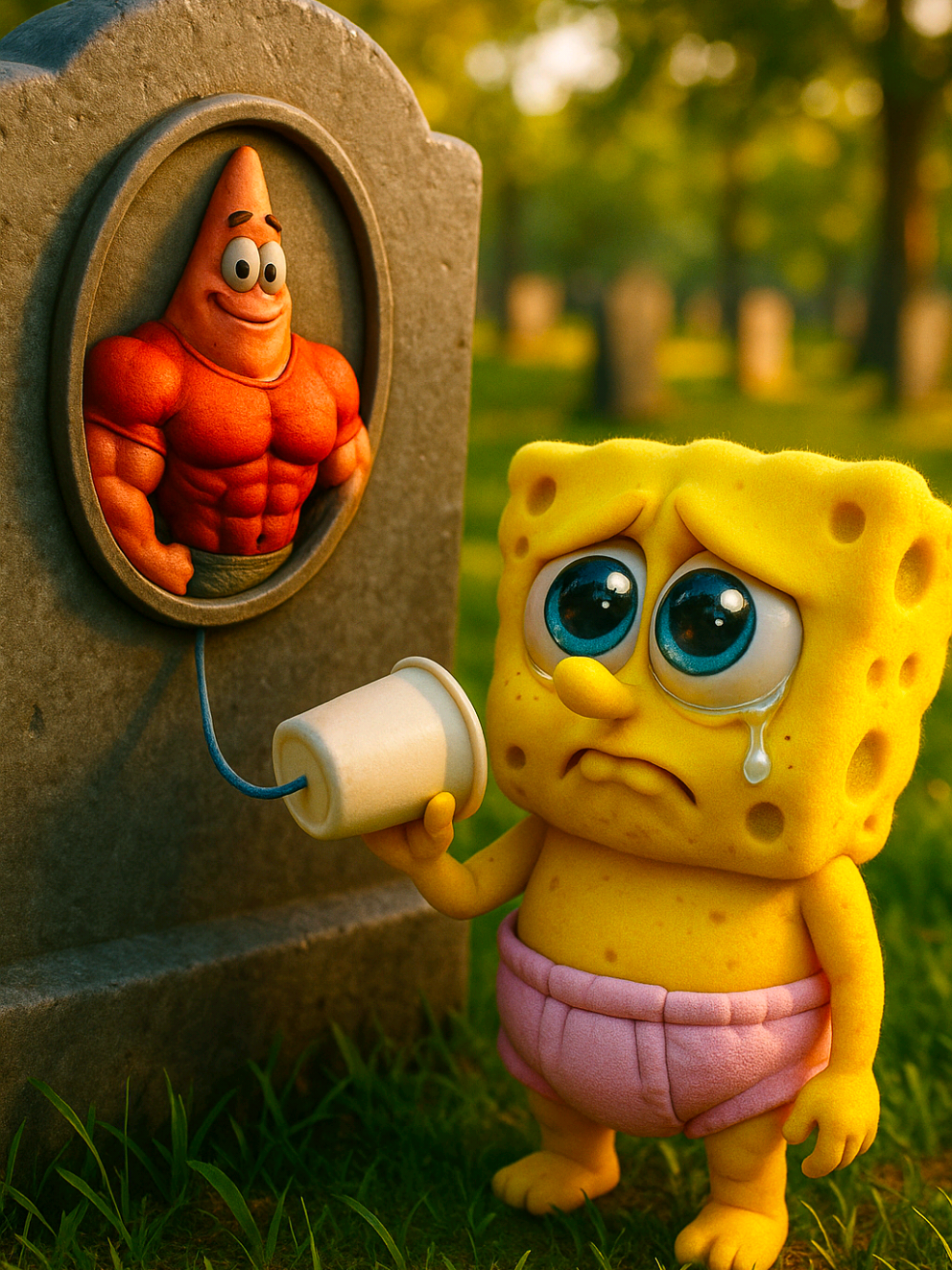 😭💔📱 Bob Esponja  queria uma ligação com o copo de papel... Mas o Patrick não pode atender mais #bobesponja #desenho #meme #ia 