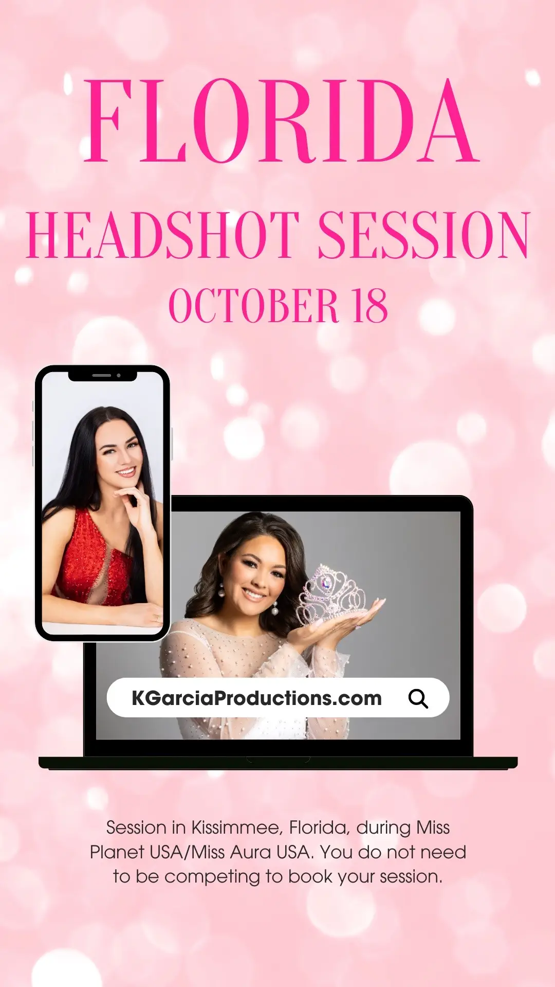 Limited availability!!! Visit us at one of our traveling pop-ups to get your pageant headshot! Come be a K. Garcia Girl! Save your spot before it’s too late! #pageantphotographer #kgarciaproductions #pageantheadshot #pageantheadshots #queen 