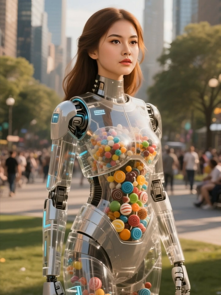 FUTURISTIC CANDY ROBOT SURPRISES LITTLE GIRL IN THE PARK 🍬🌸 #ai #robot #technology #humaniod #futuristic 