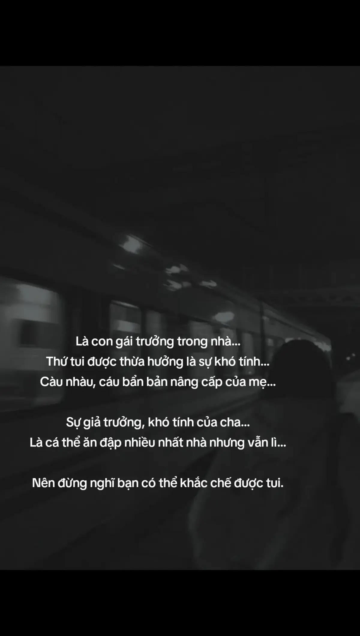 Là con gái trưởng trong nhà... Thứ tui được thừa hưởng là sự khó tính... Càu nhàu, cáu bẩn bản nâng cấp của mẹ... Sự giả trưởng, khó tính của cha... Là cá thể ăn đập nhiều nhất nhà nhưng vẫn lì... Nên đừng nghĩ bạn có thể khắc chế được tui.#xuhuong #chill #story #tamtrang 