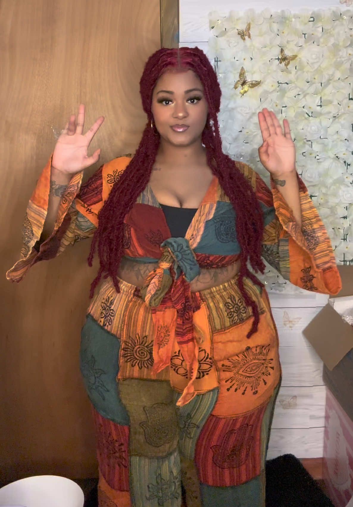 Patchwork Cotton Palazzo Handmade Boho Style Pants and Bell Sleeve Tie Top Set🧡✨ size  plus-size - sold by Karma Nepal Crafts ( ON TIKTOK ) #plussize #pantsset #outfit #bohostyle 