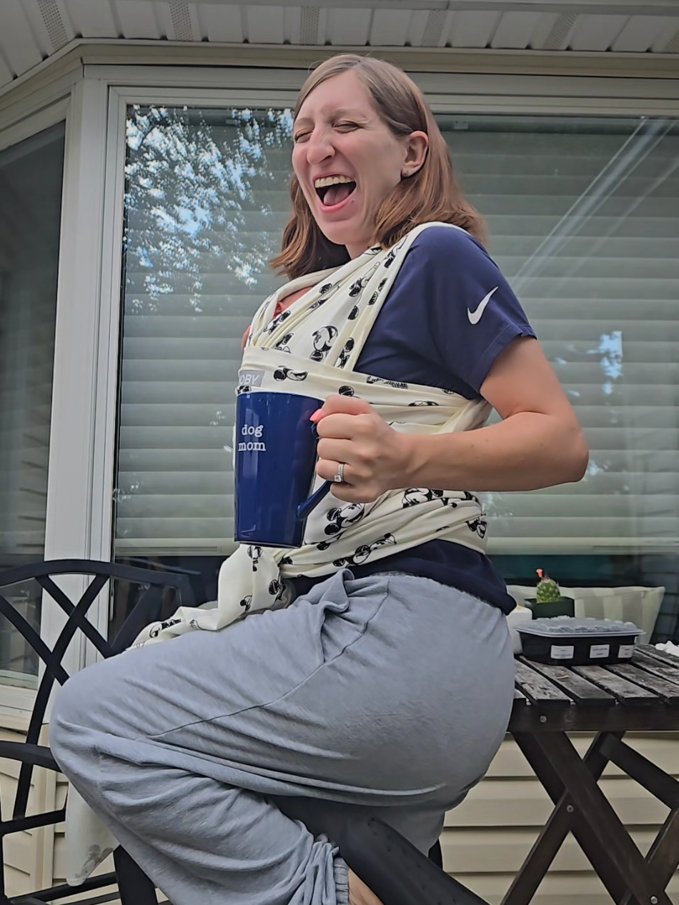 This is a new game I like to call don't spill coffee on the baby 🩷  Don't forget to use this sound! #september #earthwindandfire #21stnightofseptember #babywearing #newmom 