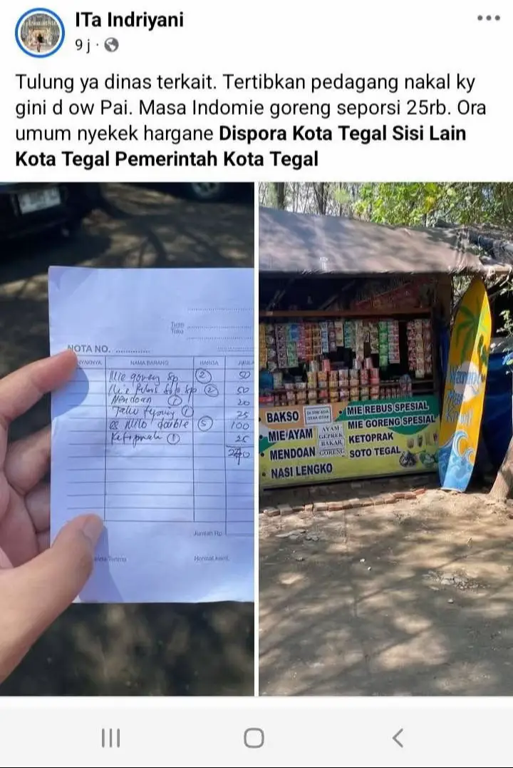 #Cerita_PAI 🌊 Mba Ita Indriyani liburan ke Pantai Alam Indah Tegal bareng keluarga. Mampir ke warung, pesen Indomie 🍜. Pas bayar langsung kaget 😱 Indomie 25 ribu/porsi! Rasanya kayak makan pake view luar negeri 🤣 👉 Kalian pernah ngalamin harga makanan “fantasi” pas liburan gini nggak? #paitegal #tegal #tegallakalaka 