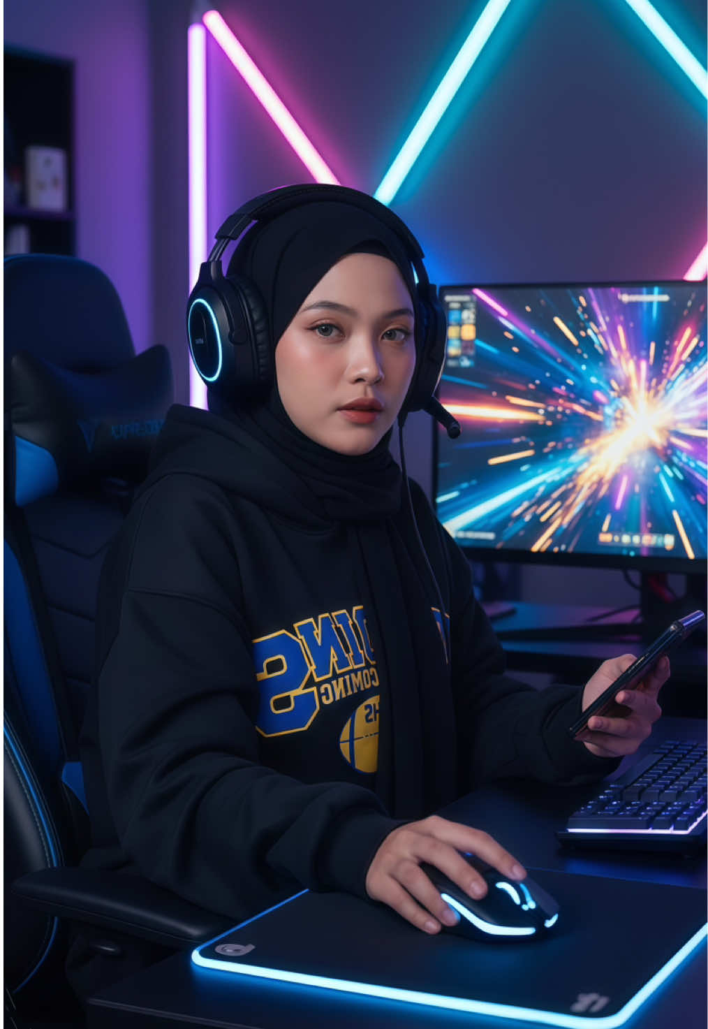 Prompt AI GAMERS👉 Potret ultra-wide seorang gadis gamer berhijab dengan wajah dan style hijab sama seperti foto referensi. duduk santai di kursi gaming dalam kamar pribadinya. Dia memakai hijab hitam sederhana, hoodie oversized bergaya streetwear, dan headset gaming neon biru. Tangannya memegang smartphone dan mouse, dengan meja gaming berisi monitor besar, keyboard RGB, mousepad panjang, dan aksesori kecil. Suasana kamar tampak nyata dengan cahaya RGB dari PC, monitor, dan sedikit bayangan dinding. Dia menoleh ke kamera dengan ekspresi santai, menampilkan suasana gaming sehari-hari. Fotografi candid, ultra-wide angle, vibe natural kamar gaming, kualitas tinggi 1080x1920. #gamers #promptai#gemini#masuk#4you 