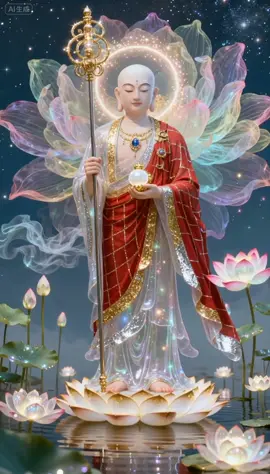 Reciting the sacred name of Ksitigarbha Bodhisattva brings immeasurable merits and benefits. It eradicates karmic obstacles from past lives, prevents falling into the three lower realms (hell, hungry ghost, animal), and grants protection from divine beings. Practitioners gain increased blessings, longevity, and wisdom, overcoming adversities, ensuring abundance, health, and familial harmony. It profoundly benefits the deceased, transferring merits to ancestors and karmic creditors, liberating them from suffering towards higher rebirths. Sincere recitation earns the Bodhisattva's blessing and prediction of Buddhahood, dispelling fears, fulfilling wishes, and ultimately leading to enlightenment. The merits are vast and inconceivable, urging all to practice diligently.  称念地藏菩萨圣号功德无量。能消除多生宿业，免堕地狱、饿鬼、畜生三恶道，得诸天护法日夜卫护。现世者能增福添寿，解脱厄难，衣食丰足，身心安康，家庭和睦。更能慈悲广利幽冥，超拔历代宗亲、冤亲债主，令其离苦得乐，往生人天善道。至心持念，能得菩萨摩顶授记，远离惊惧，所求愿满，最终成就无上佛果。此功德利益浩瀚莫测，众生当精进称念。#地藏王菩薩 #地藏王菩萨像 #地藏王菩萨圣诞日 