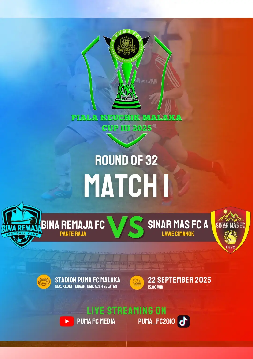 Pertandingan Besok Sore, Senin 22 September 2025 _ Pertama:  BINA REMAJA FC VS SINAR MAS FC A Kedua ANKER FC VS SURFING FC #kluettengah #pialakeuchikmalaka #tarkamaceh #turnamensepakbola 