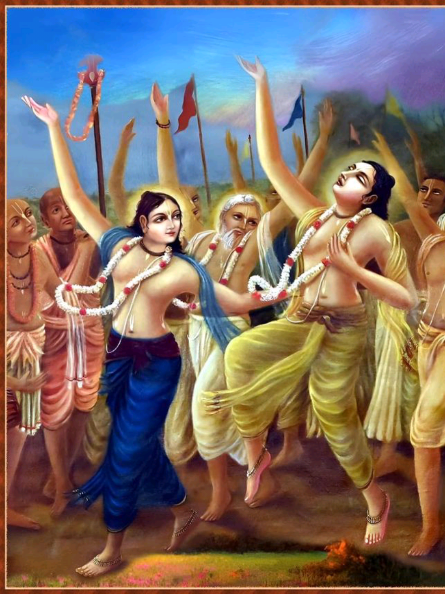 Hāriṇam saṅkīrtan; Praga, Czech Republic 🇨🇿 ājānu lambita bhujau kanakāvadātau  saṅkīrtanaika pitarau kamalāyatākṣau  viśvambharau dvija varau yuga dharma pālau  vande jagat priya karau karuṇāvatārau I offer my respectful obeisances unto Śrī Caitanya Mahāprabhu and Śrī Nityānanda Prabhu, whose arms extend down to Their knees, who have golden yellow complexions, and who inaugurated the congregational chanting of the holy names of the Lord. Their eyes resemble the petals of a lotus flower. They are the maintainers of the living entities, the best of the brāhmaṇas, the protectors of religious principles for this age, the benefactors of the universe, and the most merciful of all incarnations. Śrī Caitanya Bhāvagata 1.1.1