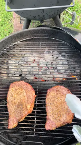 Breakfast steaks on the grill. Cherry wood log #steaks#breakfast#meat#ribeyes#delicious 