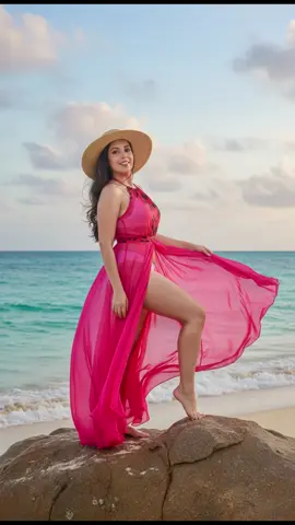Prompt praia 🌊  Mulher elegante posando na praia, sentada sobre uma rocha com vestido longo rosa vibrante e translúcido, esvoaçando ao vento. Ela usa biquíni branco por baixo e chapéu de palha largo. O fundo mostra mar azul-turquesa e céu com nuvens tropicais. Substituir o rosto pelo da pessoa de referência, mantendo cabelo escuro, olhos castanhos, textura realista e proporções naturais. Estilo fotográfico de moda praia, cores vibrantes e realismo em alta definição.” Negative Prompt: “sem rosto distorcido, sem pele borrada, sem cabelo loiro, sem olhos fora de posição, sem proporções erradas.” #AI #prompterchallenge #foto #fyp #videoviral 