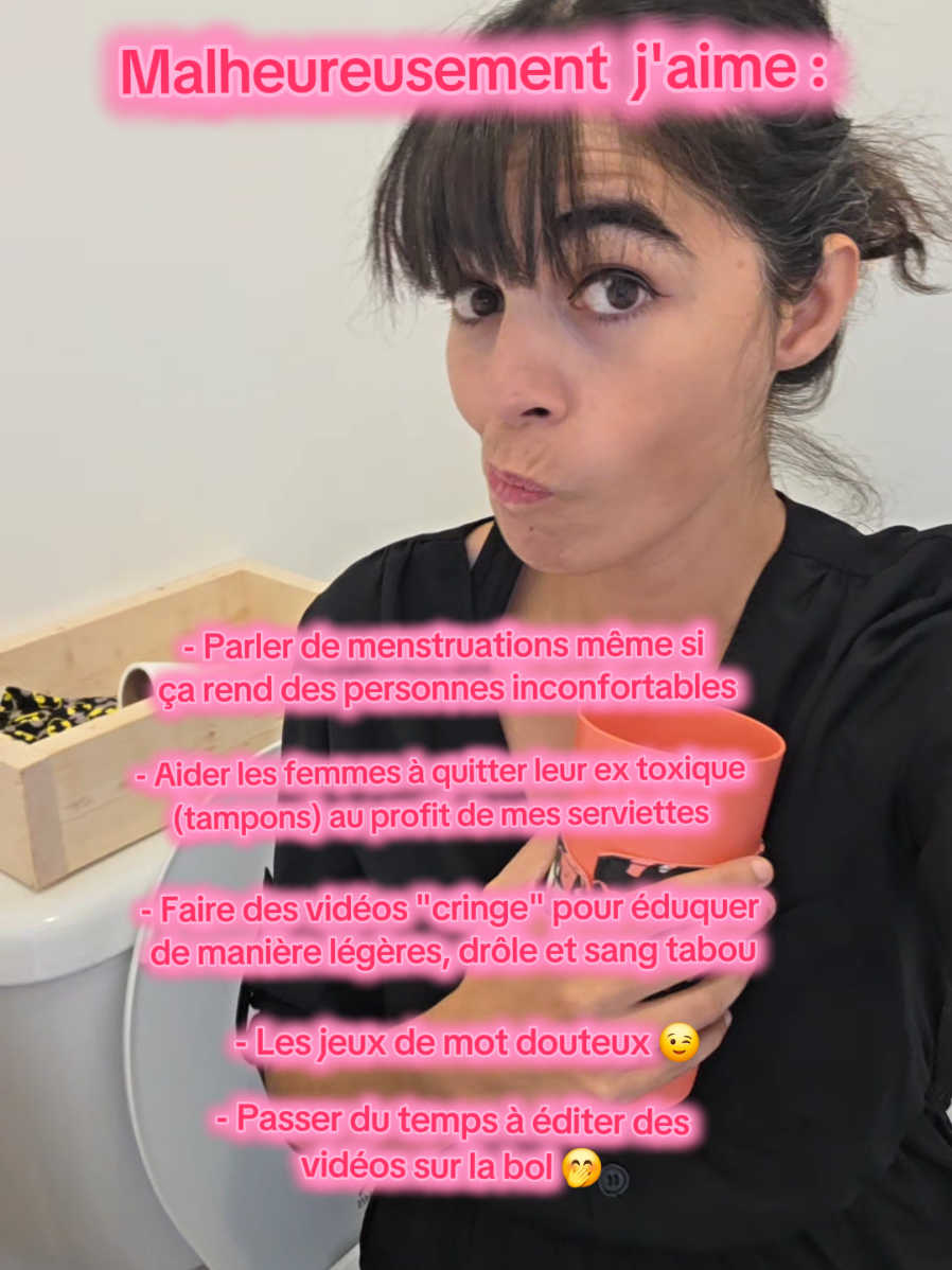 Malheureusement… je suis faite comme ça 🤷‍♀️ Pour moi, rester fidèle à moi-même c’est essentiel pour bien conseiller mes clientes. Pis honnêtement, je trouve ça super important de dédramatiser les menstruations!  Ma recette? 👉 De l’humour, des vidéos éducatives légères (mais jamais moralisatrices, parce que tsé… je suis qui pour te dire quoi faire hein? 😅) et bin des jeux de mots douteux… parce que ça me fait vraiment trop rire 😂 En tk, si tu cherches du sérieux plate 👉 c’est pas ici que tu vas le trouver! #menstruation #serviettehygieniquelavable #entreprisequebecoise #zerodechet 