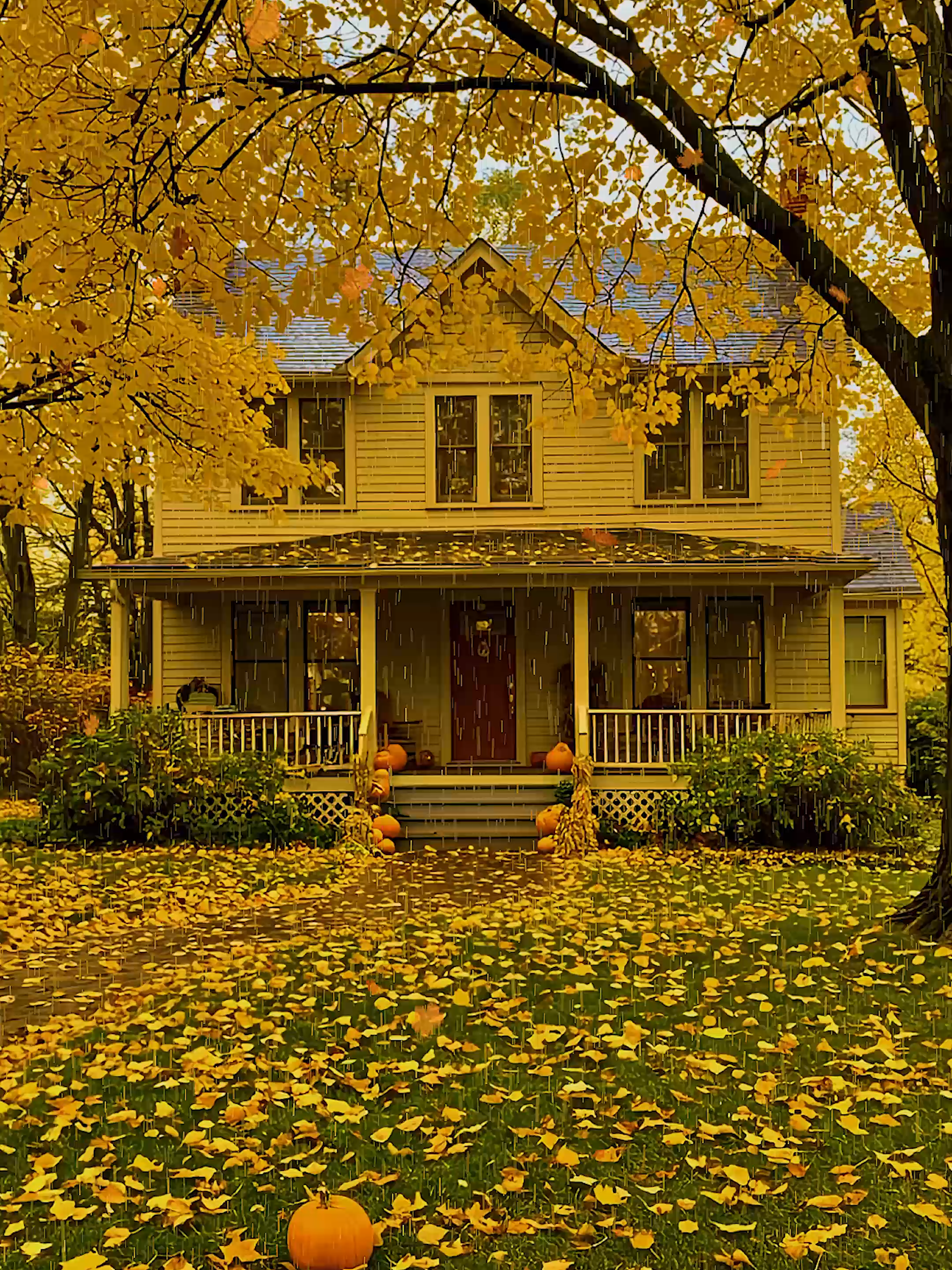 Golden leaves + pumpkin porch = peak autumn 🎃🍁 #ambiancehometv #pumpkinporch #fallfarmhouse #fallaesthetic #porchdecor #cozyfall #thanksgivingvibes