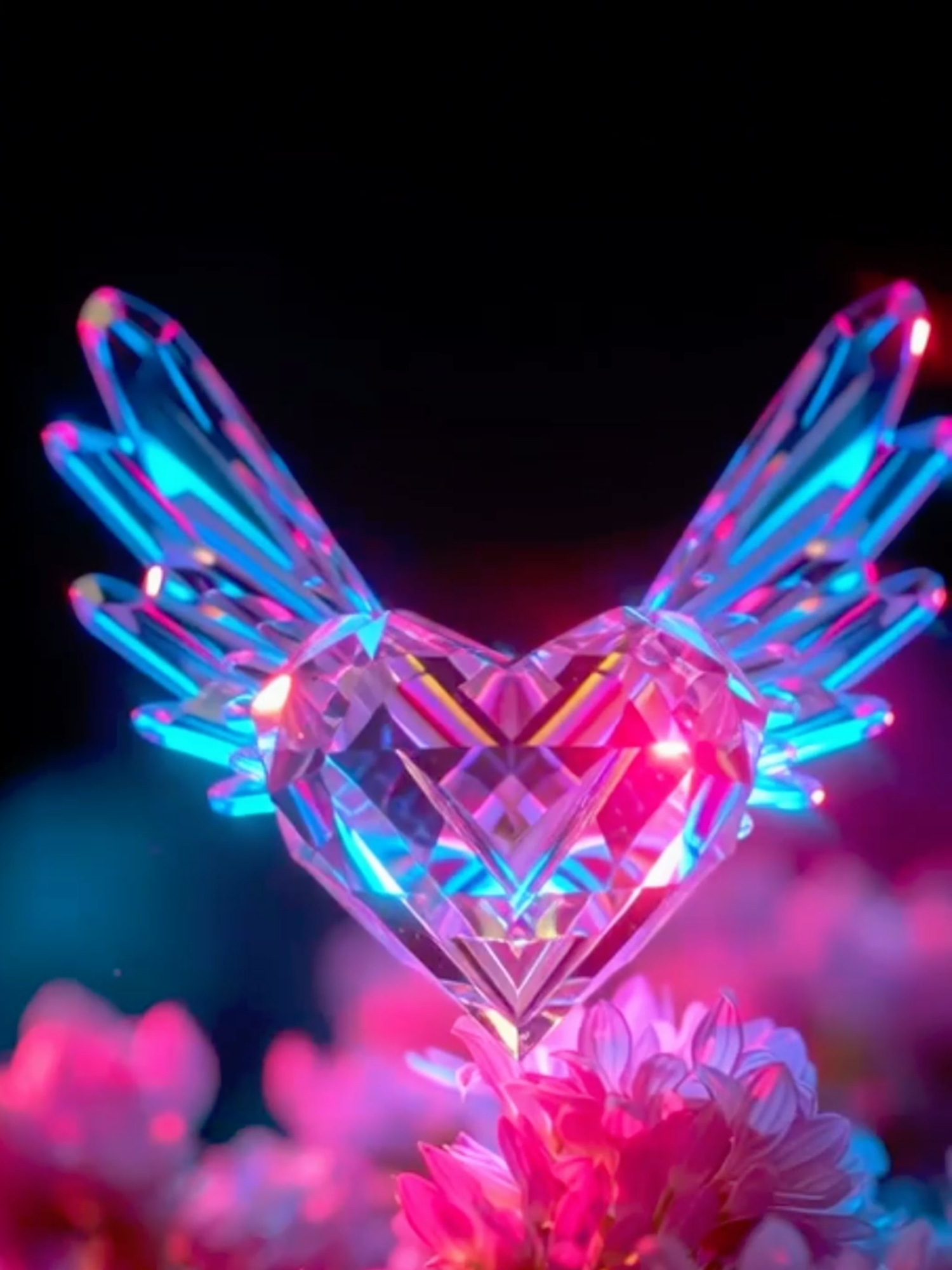 A glowing crystal heart with white angel wings, shimmering in rainbow light as it floats above pink flowers under a black sky. Prism-like reflections sparkle on every facet, cinematic glow, bokeh sparkles, ultra-HD details, dreamy aesthetic. #midjourney #aiart #angelheart #aesthetic #dreamcore #fantasyart #4k #AMOLED #Loop #LiveWallpaper #AI #MidJourney #PerfectLoop #Wallpapers #Walloop #ai #midjourney #wallpaper #perfectloop