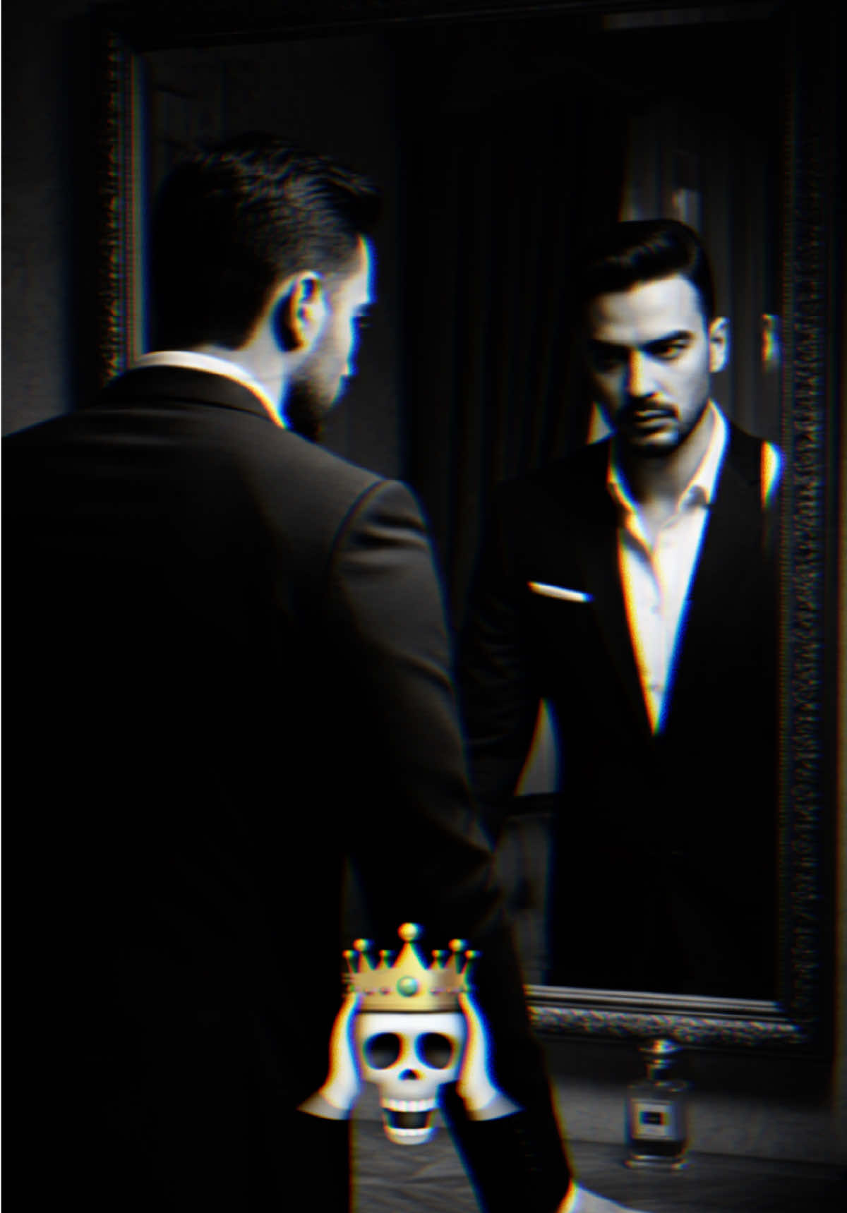 1. افتح جوجل Imarena.ai النوع .2 3. حدد رمز الصورة 4. ضع صورة 5. نسخ👇         Make a dramatic black and white photo showing of a young man. The man was standing in front of the mirror, wearing a dark formal suit and a white shirt. The man faced the mirror, while the camera captured him from behind, highlighting his back and the reflection of his serious face in the mirror. The tubu pose is slightly hunched over and the man's hands touch the table, giving an elegant and confident impression Lighting focuses on the face and the front of the body through mirror reflections, with intense shadows surrounding the right and left sides, creating a mysterious and artistic atmosphere. The background of the room looks like a hotel room or an exclusive dressing room, with a small table and a perfume bottle at the bottom of the picture. Classic visual style, high contrast, full of dramatic nuances and cinematic aesthetics. Ratio 9:16 using my photo #foryou #foryoupage #gemini #trending #viralvideo  @Life humman  @Life humman  @ehew 