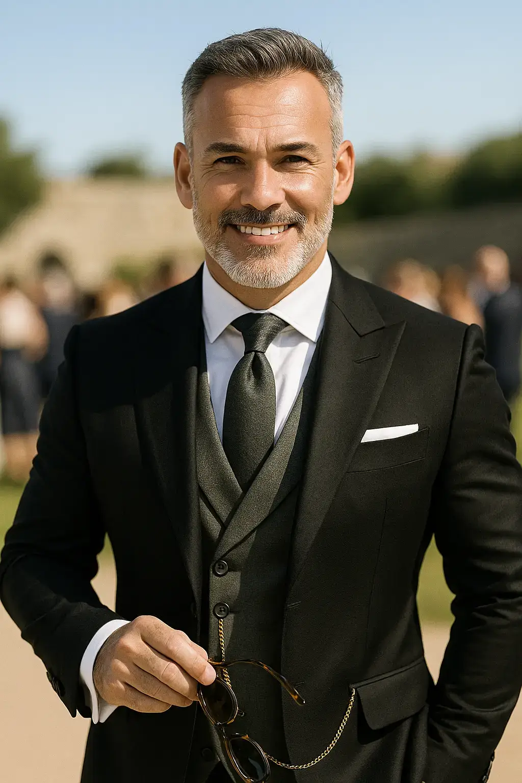 Retrato ultra-realista em tela inteira de um homem elegante em ambiente externo ensolarado. Ele veste um terno formal preto slim-fit de três peças com corte impecável. O paletó é preto, possui lapelas clássicas e bolso lateral com lenço branco dobrado de forma minimalista. O colete é cinza claro, modelo duplo abotoamento, com corrente de relógio de bolso dourada presa a um botão. A calça segue o mesmo tecido e cor do paletó, ajustada com caimento perfeito. Ele usa uma camisa branca impecável com colarinho clássico e uma gravata cinza escura lisa. O homem segura óculos de sol de armação tartaruga com a mão direita, transmitindo confiança. Seu cabelo é curto, estilizado em corte militar, e a barba está curta, bem aparada. O fundo é composto por pessoas em segundo plano e muros de pedra desfocados, sugerindo evento social sofisticado ao ar livre. A iluminação é natural, com luz suave destacando detalhes do traje e textura dos tecidos.