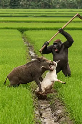 Everyone Ran. Except This Gorilla with a Farming Tool -- -- -- #gorillavboar #animalrescue #wildlifefight #goatsurvival #epicrescue