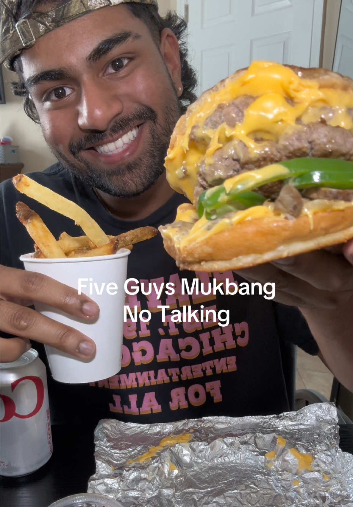 Five Guys Mukbang! 🍔 I got that patty melt with 3 patties in it, grilled onions, jalapeños, green peppers and grilled mushrooms superrrrr goood!!! 😋  If you haven’t followed yet make sure you do because I upload new videos daily! ❤️ #fiveguys #mukbang #asmr #mukbangasmr #notalkingasmr 