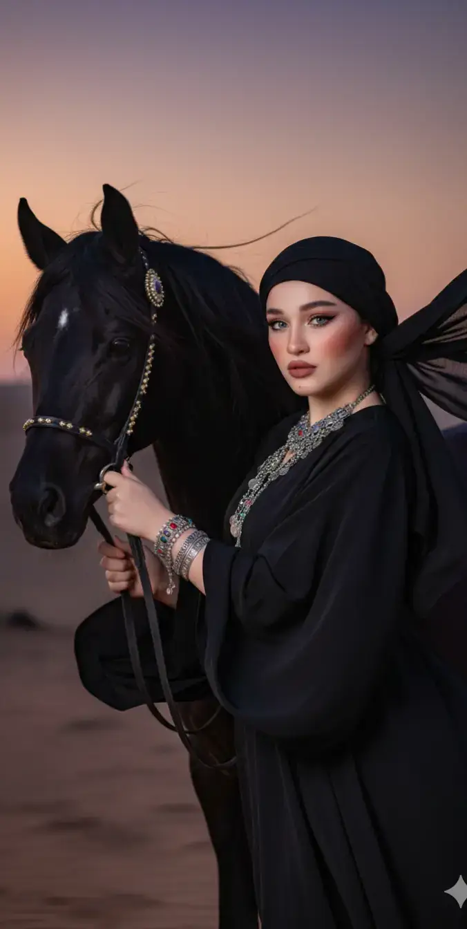gemini حقق احلامي❤️💋 make this face like in Arabic-style makeup with beautiful brown eyes wearing a black abaya, black pashmina hijab fluttering in the wind behind a black horse , taken from the side angel with the face looking at the camera., sharp eyes and a badas style, make it as realistic as possible and do not change the face, background in the desert with the sunset twilight light. #gemini #capcutvelocity #الشعب_الصيني_ماله_حل😂😂 #tiktoker #ترندات_تيك_توك 