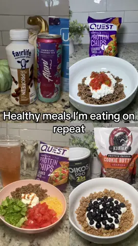 I’m eating most of these things on repeat, with an occasional change up.  For the most part, if it ain’t broke I’m not gonna try to fix it 😂 #glp1  #highprotein #yogurtbowl #tacosalad #grid @Alani Nutrition 