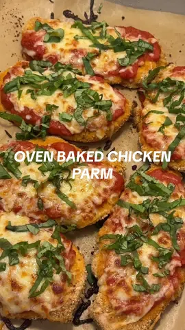 Chicken parm with an easy clean up 🤩 BAKED CHICKEN PARM 🍝 Ingredients  - 3 chicken breast - Salt & pepper - 1 cup seasoned breadcrumbs  - 2 eggs - shredded mozzarella cheese  - @Rao’s Homemade marinara  - Fresh basil Instructions  1. Preheat oven to 400°F.  2. Cut chicken breast in half to make 6 and season both sides with salt and pepper. 3. Dip each piece of chicken in egg wash, then coat in breadcrumbs. Place chicken on a large baking sheet and spray with oil. 4. Bake in oven for 10 minutes, then remove and flip. Next, add marinara sauce and cheese to each piece of chicken. Return to oven for 8 more minutes.  5. Broil on HIGH for 2 minutes to make the cheese more crispy.  6. Top with fresh basil and serve over pasta or couscous! @Graza #EasyRecipes #healthyrecipes #DinnerIdeas #cooking #food 