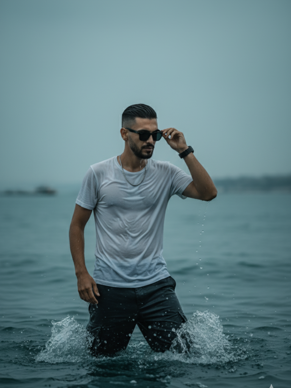 daha fazlası için beğenip Takip etmeyi unutmayın  Promt 👇 👇 👇 👇  Cinematic portrait of a man standing waist-deep in the ocean, wearing a soaked white shirt and black sunglasses. He is adjusting his black sunglasses with one hand while water splashes around him. Overcast sky and moody teal tones in the sea and atmosphere. Wet hair, confident expression, and soft lighting on the face. Realistic water texture with droplets in motion. Slightly desaturated color grading with high contrast. Shot with shallow depth of field. #gemini  #ai #keşfet #trending 