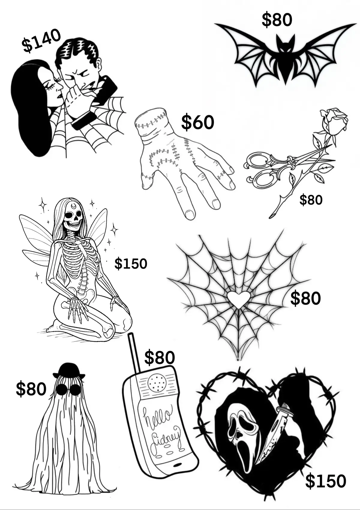 FLASH SHEET FROM NOW UNTIL OCTOBER 31st! PRICES ARE LISTED SIZE WILL BE AVAILABLE UP TO 5x5. DM TO BOOK OR TEXT (469) 623-5282 -📲 #dallastx #tattoosno214 #tinytattoo #explorepage #fypシ 
