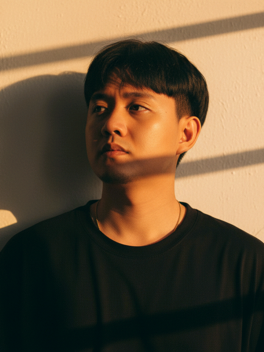 Prompt Gemini Ai Indonesia Judul : “Melancholic Light” Menggunakan foto referensi wajah asli sebagai subjek utama, tampilkan sebuah potret sinematik close-up seorang pemuda Asia dengan rambut comma hair pendek. Ia berdiri di dekat dinding, bersandar ringan, dengan **kepala sedikit miring ke samping dan tatapan melankolis yang melihat ke atas atau ke samping** (bukan langsung ke kamera). Ia mengenakan kaus hitam polos yang longgar dan kasual, dengan sedikit kalung emas/perak terlihat di leher. Pencahayaan dramatis dan kuat berasal dari cahaya matahari terbit atau terbenam yang hangat (golden hour). Cahaya ini menyorot tajam ke bagian dinding di belakang dan sebagian sisi kanan wajah subjek, menciptakan kontras yang ekstrem. **Bayangan subjek terpantul jelas di dinding di sebelah kirinya, dengan bentuk yang terdefinisi dan dramatis, serta pola bayangan dari jendela atau kisi-kisi terlihat samar di dinding.** Wajah subjek sebagian besar dalam bayangan, namun detail mata dan kontur wajah masih terlihat jelas di area yang terkena sorotan cahaya. Latar belakangnya adalah dinding polos berwarna krem atau putih kusam, yang sebagian besar diselimuti cahaya oranye hangat dari matahari terbit/terbenam. Suasana keseluruhan terasa introspektif, tenang, dan melankolis, namun sangat estetik. Difoto dengan estetika fotografi seni rupa modern, dengan tone warna hangat yang kaya, kontras yang sangat tinggi antara terang dan gelap, dan grain film yang halus. Komposisinya fokus ketat pada subjek dari dada ke atas, mengisi sebagian besar frame, dengan bayangan di dinding sebagai elemen visual yang kuat. Kedalaman bidang yang dangkal menciptakan bokeh lembut di latar belakang. Gambar ini menciptakan nuansa dramatis, artistik, dan sangat sinematik, menyerupai still frame dari film drama. #Promptgeratis #geminiai #promptgeminiai #aiindonesia #ootdai 