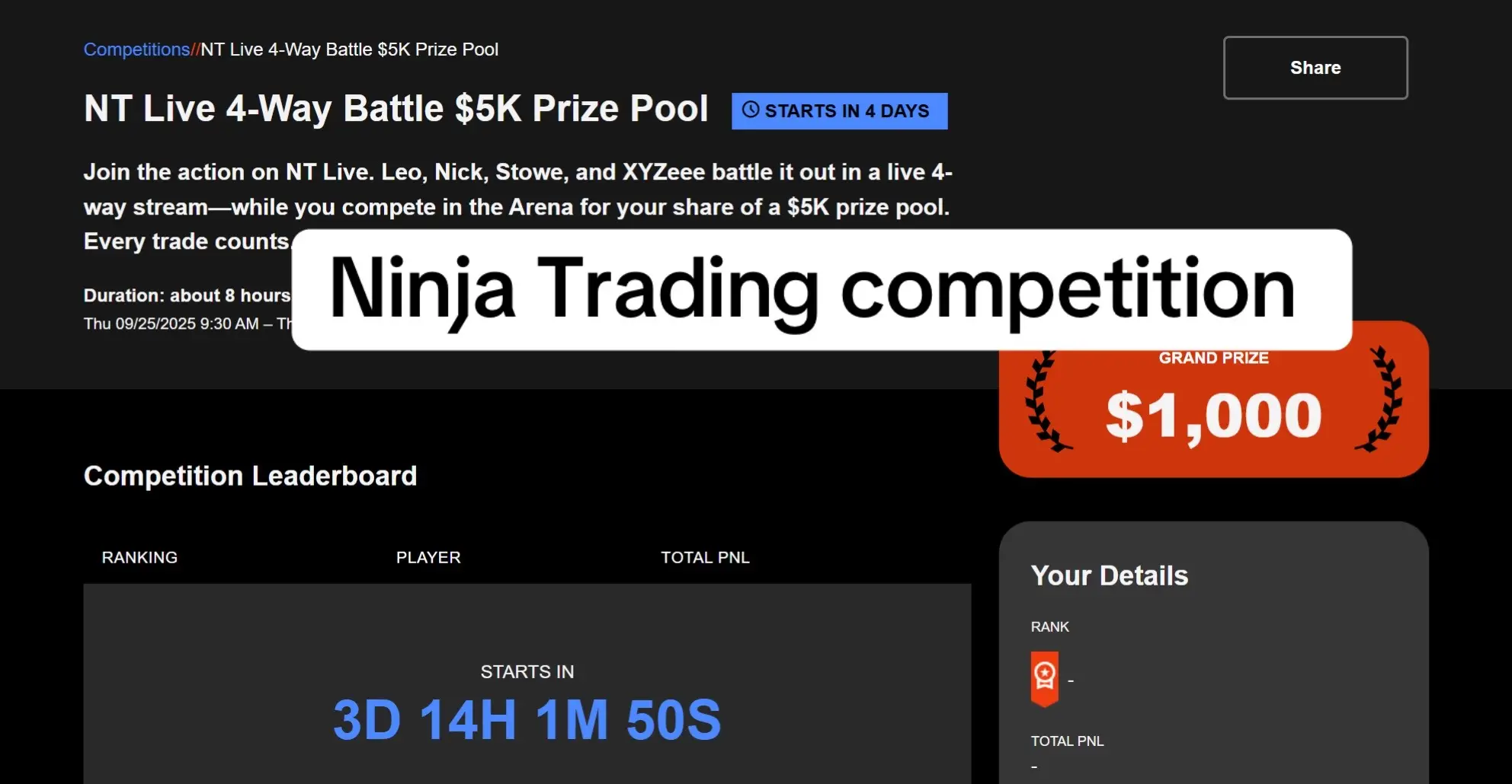 Free ninja trading competition. One day contest, starting 9/25 with cash prizes. Sign up link in Discord (link in bio) Good luck #SULTANTRADES 