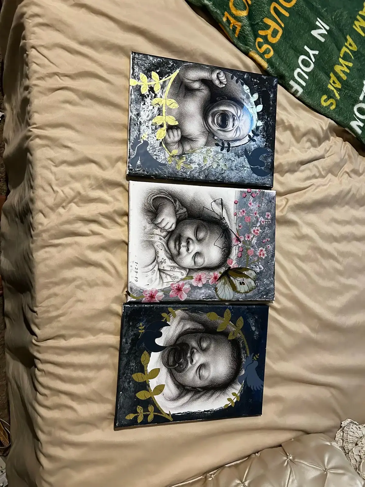 🎨 My DIY Baby Portrait Canvases 🖤 This project is close to my heart—each canvas was hand-made with love. From the delicate details to the golden accents, I wanted these pieces to capture innocence, joy, and timeless beauty. 🌸🦋 ✨ Materials I used:  • Canvas boards  • Pencils + ink  • Acrylic paints for accents  • Touches of gold for elegance DIY isn’t just about saving money—it’s about pouring your heart into something that will last forever. 💛 Would you try making a set like this for your home? #​DIYDecor #​CreativeSoul #​CanvasArt #​Lemon8DIY #​HomeDecorInspo #Lemon8 