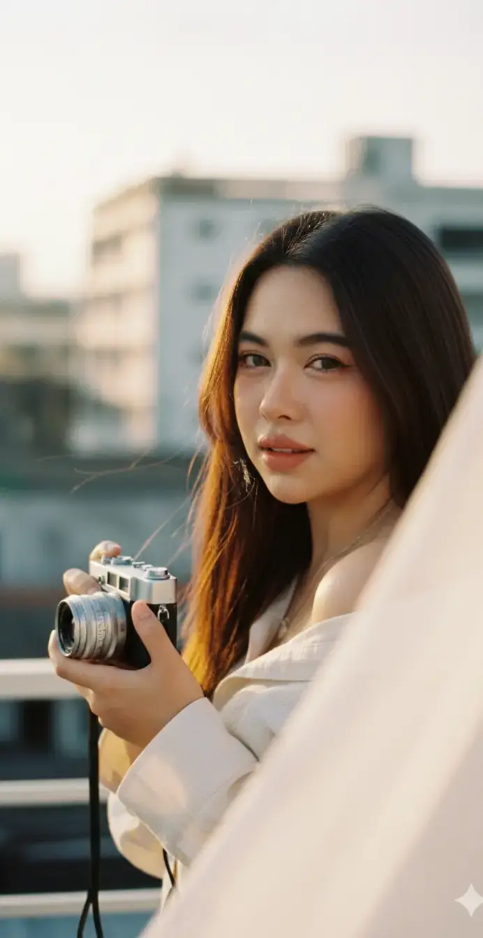 📷มาถ่ายรูปกันค่ะ📷สร้างภาพเหมือนจริงของผู้หญิงคนหนึ่งกำลังถือกล้องเรนจ์ไฟน์เดอร์ 35 มม. สไตล์วินเทจ สัดส่วนแนวตั้ง 2:3 ครึ่งตัวบนถึงกลางหน้าอก ท่าโพสแตกต่างจากภาพอ้างอิง: หันหน้าไปทางซ้ายของกล้องเล็กน้อย คางกดลงเบา ๆ ยิ้มบาง ๆ ดวงตาที่แสดงออกอย่างสงบ มีผมปอย ๆ ที่ถูกลมพัดปลิวมาปรกหน้า ผมสีดำยาวปล่อยสลวยพริ้วไฮไลท์ธรรมชาติ แต่งหน้าแบบธรรมชาติ: ผิวดูชุ่มชื้น เผยให้เห็นเนื้อผิวและรูขุมขน ริมฝีปากสีพีชอ่อน ๆ อายแชโดว์สีน้ำตาลอบอุ่นอ่อน ๆ มาสคาร่าน้อยที่สุด บลัชออนสีธรรมชาติจาง ๆ เสื้อผ้า: เสื้อผ้าลินินสีครีมอ่อนหรือเสื้อเชิ้ตโอเวอร์ไซส์ที่เปิดไหล่ข้างหนึ่ง เครื่องประดับน้อยชิ้นและละเอียดอ่อน อุปกรณ์ประกอบฉาก: กล้องวินเทจเลนส์สีเงินถืออย่างเป็นธรรมชาติด้วยมือทั้งสองข้างใกล้หน้าอก ผ้าโปร่งสีขาวบางส่วนเป็นกรอบด้านขวาของภาพ พื้นหลัง: ดาดฟ้าเมืองที่เบลอ มีราวบันไดและอาคารที่นุ่มนวล แสงแดดยามเย็นสีทองอบอุ่น แสงขอบเบา ๆ จากด้านหลังซ้ายบนเส้นผม แสง: แสงแดดยามเย็นสีทองอ่อน ๆ ที่มีทิศทางพร้อมแสงเติมเล็กน้อย เงาที่สมจริง แสงสะท้อนที่ชัดเจนในดวงตา ลักษณะกล้อง: เลนส์ 50 มม., f/1.8, ระยะชัดลึกตื้น (โบเก้ชัดเจน), โฟกัสคมชัดที่ดวงตา, การปรับโทนสีแบบฟิล์ม — โทนสีอบอุ่น, สีเขียวที่ลดความอิ่มตัวเล็กน้อย, คอนทราสต์ต่ำ, โทนสีผิวธรรมชาติ, เกรนฟิล์มบาง ๆ แบบภาพถ่าย, รายละเอียดสูง, ความละเอียดสูง, สมจริง (ไม่ดูเหมือนภาพวาดหรือ CGI), สไตล์ภาพบุคคลแบบนิตยสาร, อนุญาตให้มีข้อบกพร่องที่สมจริง, หลีกเลี่ยงการรีทัชหนัก ๆ, ให้ความรู้สึกเหมือนภาพถ่ายที่ได้รับรางวัล โดยใช้ใบหน้าเดียวกันกับภาพอ้างอิง#ai #gemini #trend #prompt #pyf 