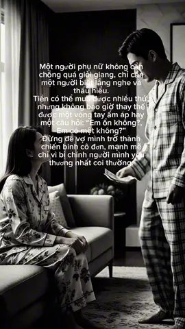 Hạnh phúc của một người phụ nữ không nằm ở việc cưới được một người chồng thành đạt, mà ở chỗ họ có một người biết lắng nghe, biết sẻ chia. Đừng nhầm lẫn giữa việc “lo toan đầy đủ” với “yêu thương đủ đầy”. Tiền có thể thuê được bảo mẫu, giúp việc, thậm chí mang đến những chuyến du lịch sang trọng; nhưng tiền không thể thay thế một cái nắm tay đúng lúc, một cái ôm khi yếu lòng. Bạn có thể là người xuất sắc trong xã hội, nhưng nếu với vợ mình lại vô tâm, thì rốt cuộc bạn chỉ là “người lạ hợp pháp” trong cuộc đời họ. Một người vợ có thể nhẫn nhịn, nhưng sự chịu đựng nào cũng có giới hạn. Đừng để người phụ nữ của bạn trở thành một chiến binh cô đơn, phải tỏ ra mạnh mẽ chỉ vì bên cạnh không ai đủ tinh tế để hỏi một câu giản dị: “Em ổn không?” Trở thành người chồng tốt không cần phải quá hào nhoáng, càng không cần phải chứng tỏ bằng vật chất. Điều họ cần chỉ là sự thấu cảm, là ánh mắt biết lắng nghe, là trái tim đủ tinh tế để nhận ra rằng vợ mình cũng là một con người — có cảm xúc, có những vết thương, và có giới hạn. Chính sự thấu hiểu ấy mới là chuẩn mực thật sự của một người đàn ông trưởng thành. #tâmtrạng #camxuc #tinhyeu #capcut #foryou  @Trạm Cảm Xúc  @Trạm Cảm Xúc  @Trạm Cảm Xúc 
