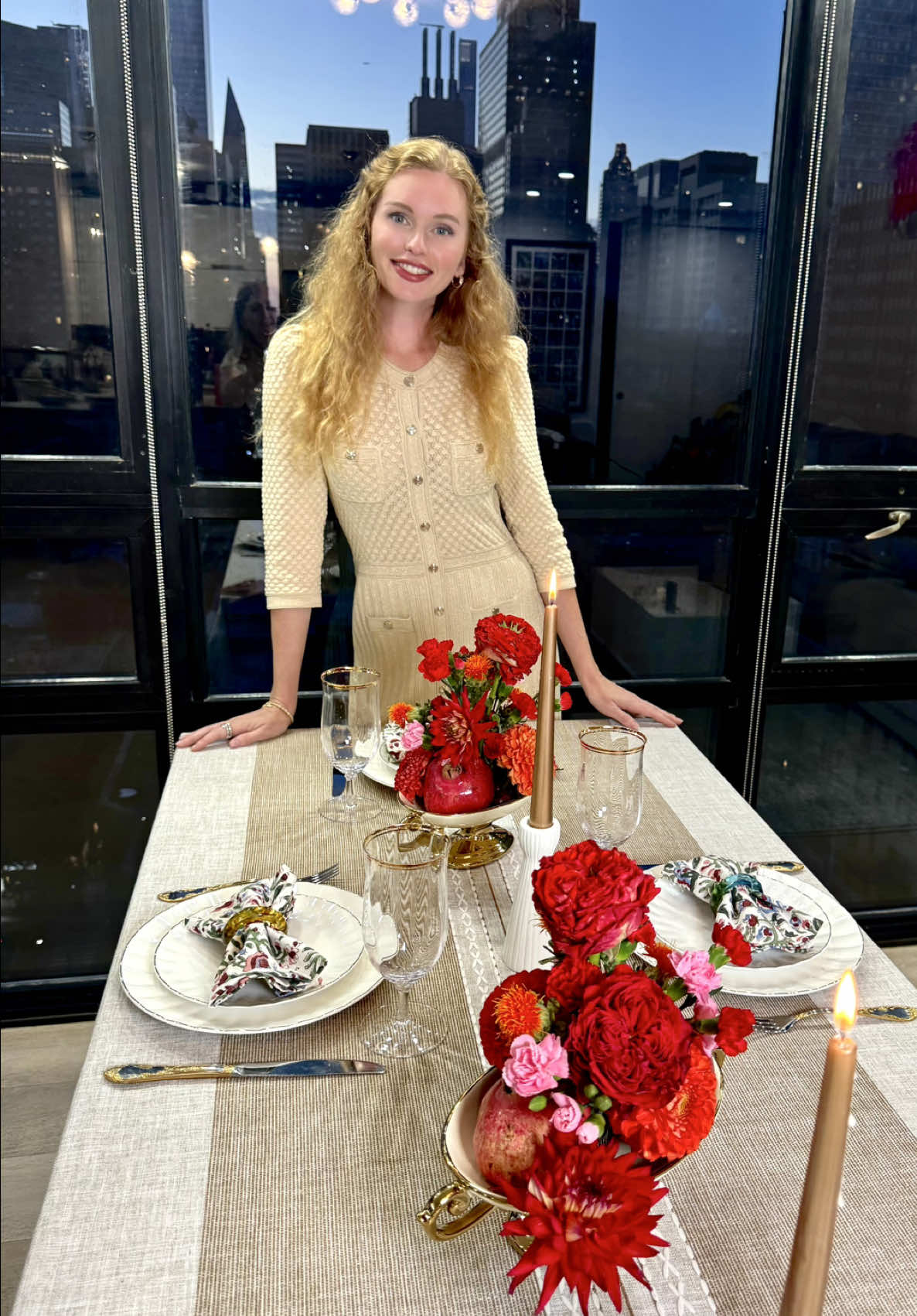 Rosh Hashanah Tablescape 5786 A table dressed in pomegranates, apples, candles, and flowers — welcoming the Jewish New Year with sweetness and beauty. 🍎🍯 The heart of it all: a challah cover handmade by my mom, embroidered with love and tradition. #RoshHashanah #jewish #tablescape #tablestyling #tablesetting  