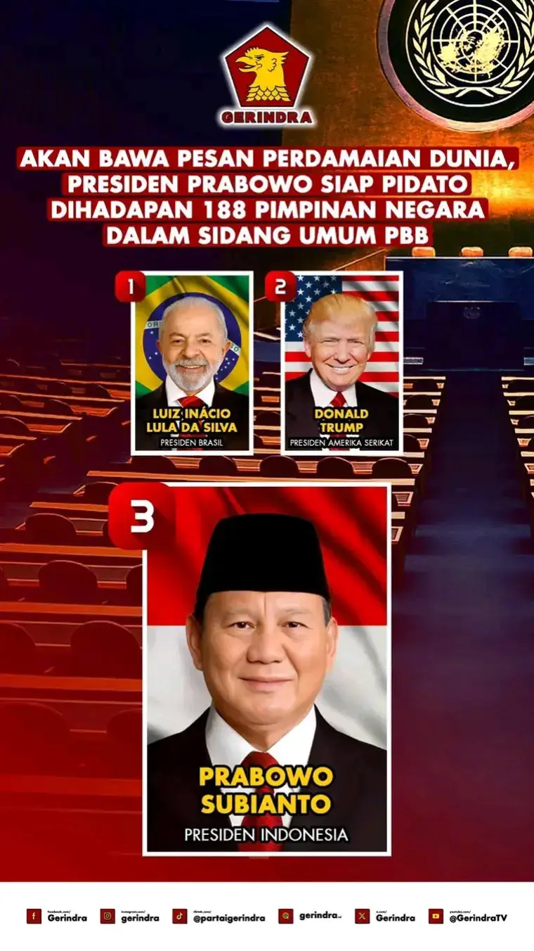 Presiden Prabowo Subianto akan menjadi Presiden pertama RI yang hadir secara langsung di Sidang Majelis Umum PBB sepanjang satu dekade terakhir. Sesuai jadwal yang diterima, Presiden Prabowo akan menyampaikan pidato pada urutan ketiga pada sesi Debat Umum PBB pada 23 September 2025, setelah Presiden Brasil dan Presiden Amerika Serikat. Sidang Majelis Umum tahun ini menjadi momentum strategis bagi Indonesia, bukan hanya untuk kembali hadir di forum tertinggi PBB, tetapi juga untuk menegaskan peran Indonesia sebagai pemimpin Global South yang konsisten memperjuangkan reformasi tata kelola dunia agar lebih adil dan inklusif. Melalui forum ini, Indonesia akan kembali menyuarakan kepentingan negara-negara berkembang sekaligus memperkuat posisi diplomasi Indonesia di panggung global 🇮🇩 #presidenkita #presidenindonesia #PrabowoSubianto #gerindra #bapakpemersatubangsa 
