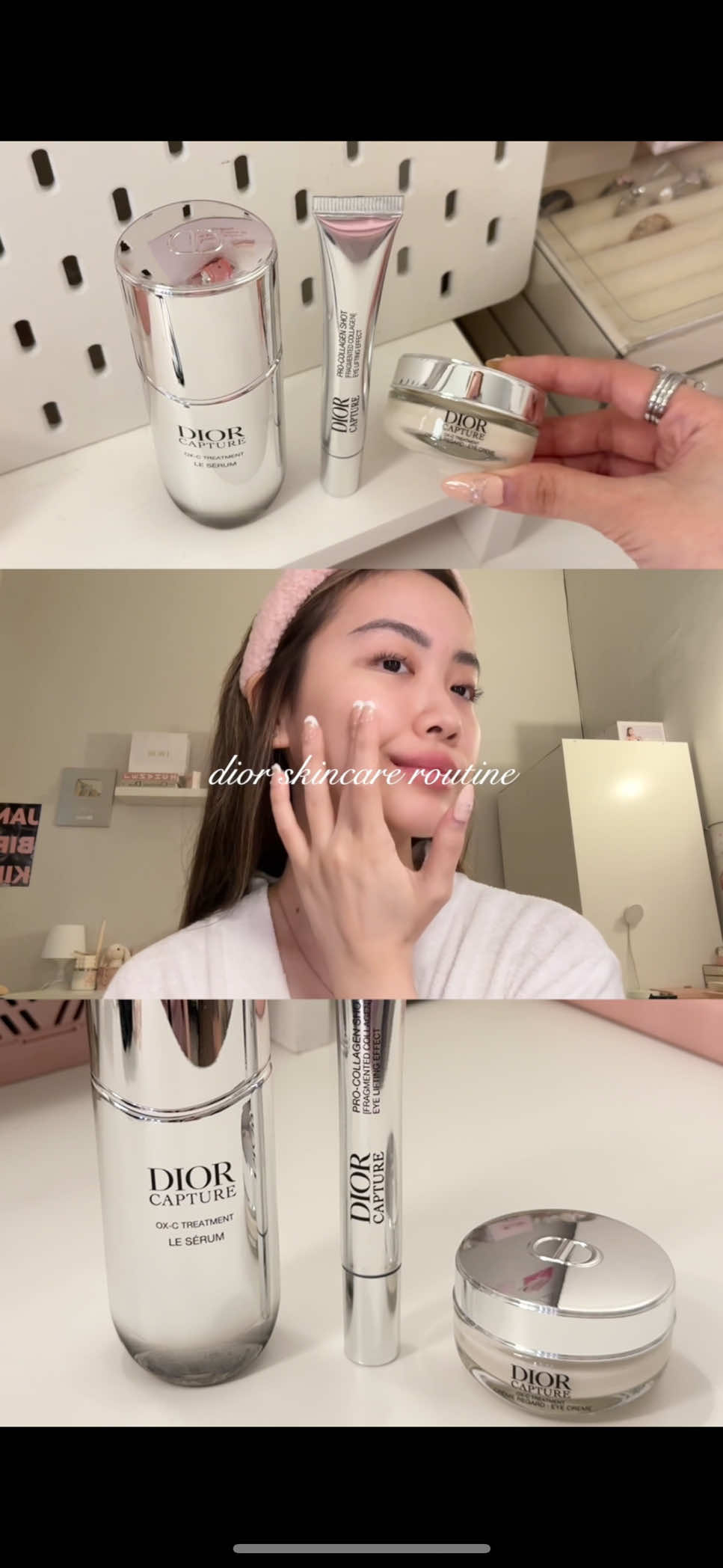 Skin like glass, touched by @diorbeauty🧖🏻‍♀️🪞— Powered by OX-C technology, this luxe formula optimizes oxygen transport, boosts collagen production, and accelerates skin regeneration for that flawless, lit-from-within glow!.°˖✧ The Pro-Collagen Shot & La Crème Regard work wonders for lifting and firming the delicate eye area! 👀🎀 Snatched and radiant? Always! 💭✨  — @Diorbeauty #diorskincare #diorcapture 