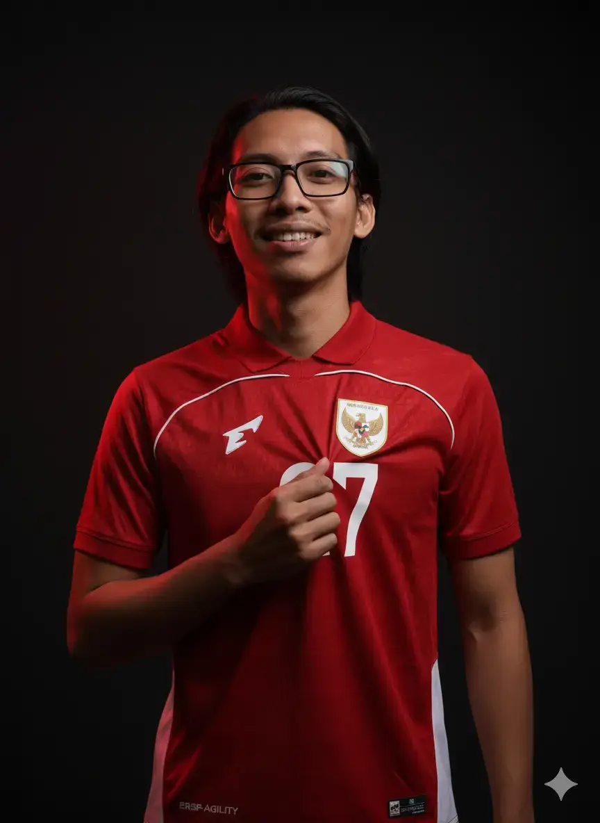 Tutorial 1. buka google gemini AI 2. masukkan foto/gambar mu 3. masukkan prompt dibawah ini 👇 ✨ Prompt: Buat gambar potret profesional sepakbola dengan latar belakang gelap, pencahayaan studio dramatis. Ia mengenakan jersey timnas Indonesia [lihat gambar] berwarna merah, angka besar '27' di bagian tengah dada. pemain berdiri tegak dengan wajah ekspresi senang [wajah seperti di foto terlampir], dia mencium logo klub, matanya menoleh ke kamera. pencahayaan menyorot ke wajah dengan efek cahaya merah samar di sisi kiri, menciptakan nuansa kuat, tegas dan profesional. Bantu dan suport saya cukup dengan like, share, komen, dan follow. Terima kasih 🙏 #timnasindonesia #geminiai #editfoto #prompt #fyp 