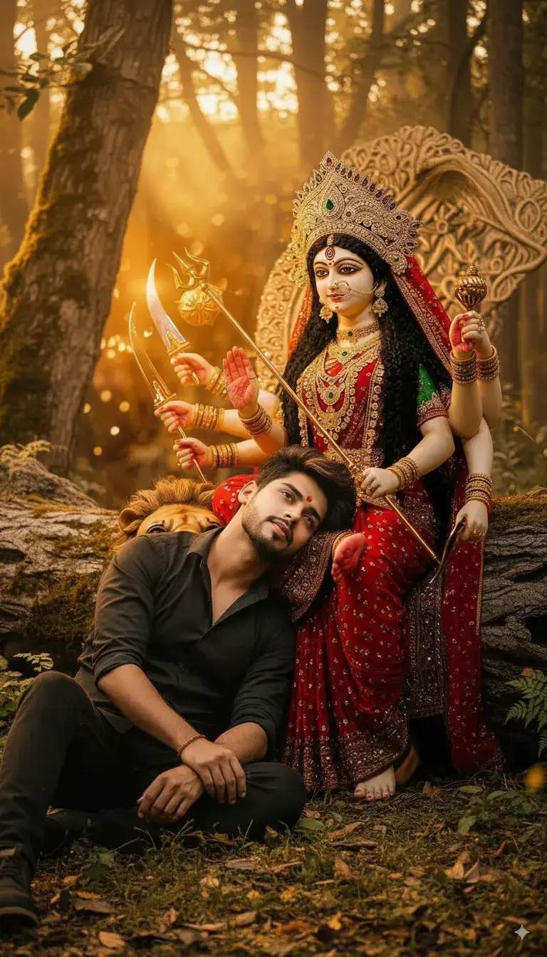 For Headrest on god Durga ji's and lion Lap create a cinematic emotional frame featuring the two attached persons together the setting is a tranquil nature forest environment at dusk with ancient trees and soft golden evening light filtering through the foliage both subjects are seated by large old tree trunk the elder person sits gracefully upright on the log appearing calm and wise as they gently speak and share wisdom the younger person is seated on the ground and taking headrest on the elders lap.#creatorsearchinsights #editor_Rohit #aiphotoediting #googleai #aieditingtotrial 