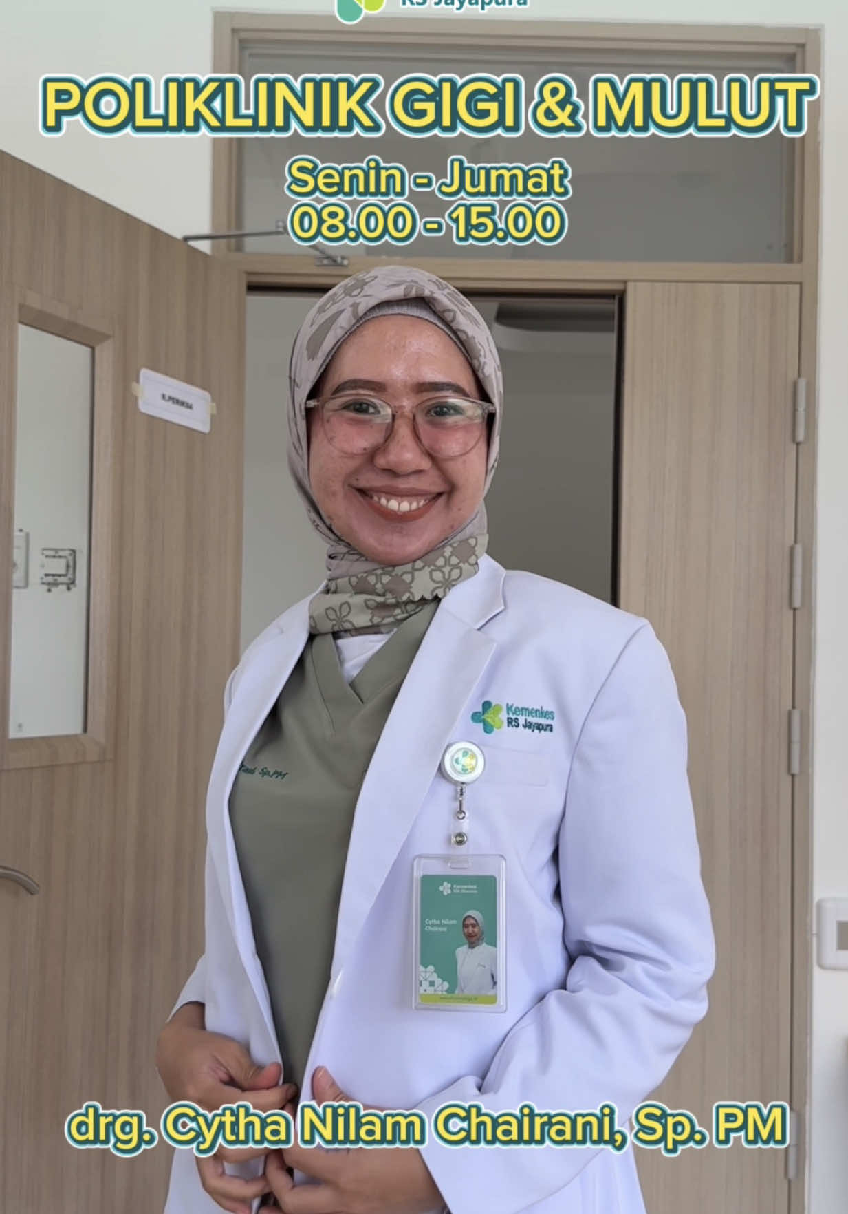 📢JADWAL PRAKTIK POLIKLINIK GIGI RSUP JAYAPURA 🩺 Dokter Praktik: • drg. Cytha Nilam Chairani, Sp. PM 📅 Jadwal pelayanan: Senin s.d. Jumat 🕗 Pendaftaran: Pukul 07.30 – 13.00 WIT 🕗 Pelayanan: Pukul 08.00 - 15.00 WIT 🔔 Catatan penting: Untuk sementara waktu, RSUP Jayapura belum bekerja sama dengan BPJS Kesehatan maupun asuransi kesehatan lainnya. Seluruh biaya pelayanan bersifat mandiri/pribadi (non-asuransi). Informasi lebih lanjut dapat diperoleh langsung di lokasi atau melalui media sosial resmi RSUP Jayapura. #RSUPJayapura #CareForLifeCareWithLove #SehatPapuakuSehatIndonesiaku #PoliklinikGigi