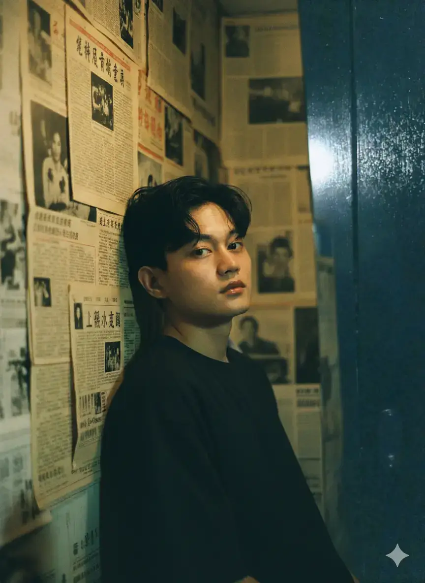 Prompt :Create a Photorealistic Hong Kong retro portrait with authentic 1990s film look. Use image[0] as face reference. Half-body. Subject leaning against newspaper-covered wall, gaze soft and Hair messy, strands falling across face. Makeup glossy lips, dewy skin. Narrow Hong Kong room, walls plastered with old yellowed Cantonese newspapers. Fluffy white cat blurred in foreground. Tungsten bulb glow with faint green spill. Shadows heavy, highlights bloom. #geminiai 